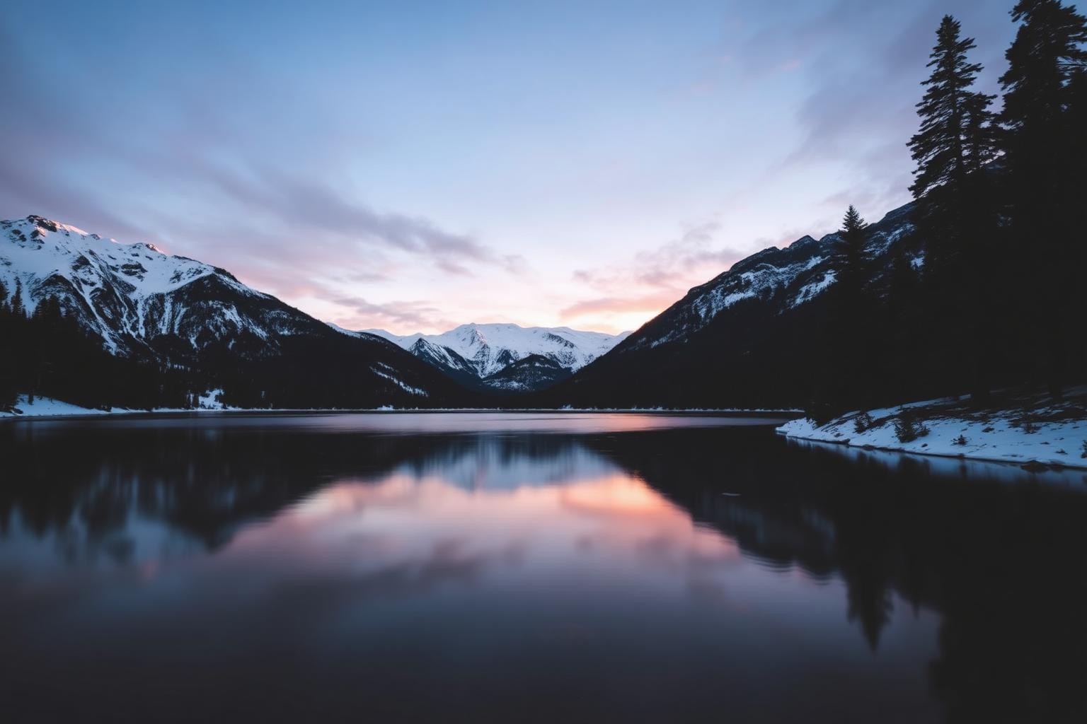 Snow capped Colorado mountains reflected in a still alpine lake at dusk